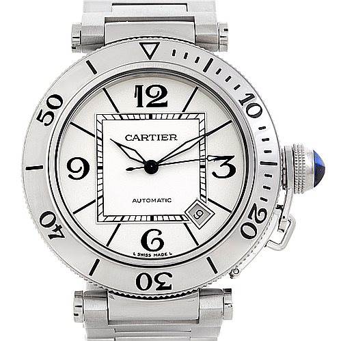 This is a front view of a Cartier Pasha W31080M7 Men
s Stainless Steel Silver Dial W31080M7 Men
s Stainless Steel Silver Dial model watch, showing its dial, bezel, and bracelet.