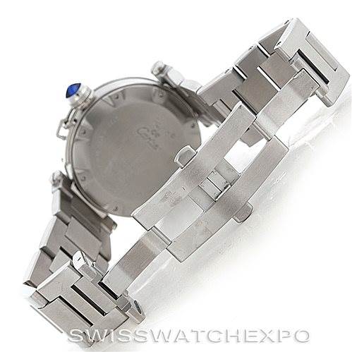 The image shows the back view of a Cartier Pasha W31080M7 Men
s Stainless Steel Silver Dial W31080M7 Men
s Stainless Steel Silver Dial watch, highlighting the metal bracelet and case back.