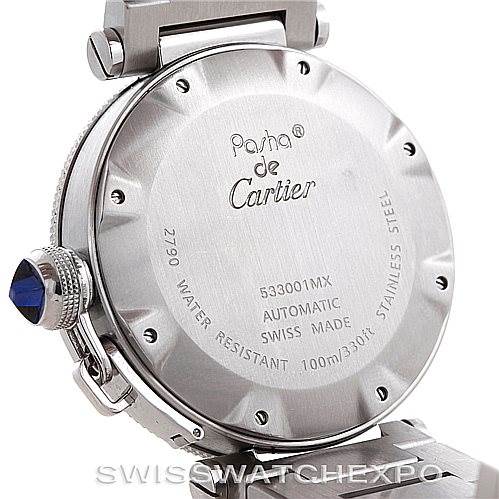 The image shows the back case and crown of a Cartier Pasha W31080M7 Men
s Stainless Steel Silver Dial W31080M7 Men
s Stainless Steel Silver Dial watch, focusing on its details and inscriptions.