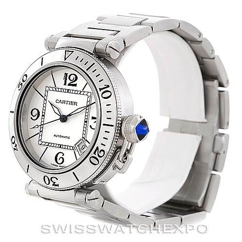 This image shows a Cartier Pasha W31080M7 Men
s Stainless Steel Silver Dial W31080M7 Men
s Stainless Steel Silver Dial watch from a three-quarter view angle, highlighting its face, bezel, crown with blue cabochon, and bracelet.