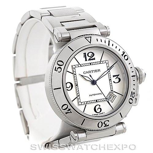 The image shows a side-angle view of the Cartier Pasha W31080M7 Men
s Stainless Steel Silver Dial W31080M7 Men
s Stainless Steel Silver Dial watch, highlighting its bezel, dial, crown, and metal bracelet.