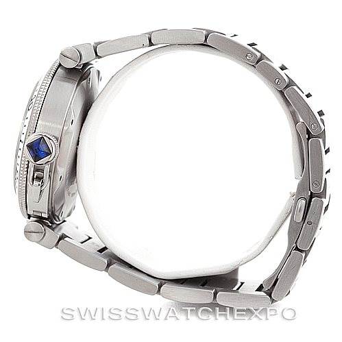 This image shows a side view of the Cartier Pasha W31080M7 Men
s Stainless Steel Silver Dial W31080M7 Men
s Stainless Steel Silver Dial watch, highlighting its case, crown, and band.