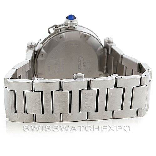 This image shows the back of a Cartier Pasha W31080M7 Men
s Stainless Steel Silver Dial W31080M7 Men
s Stainless Steel Silver Dial watch, including the case back and stainless steel bracelet.
