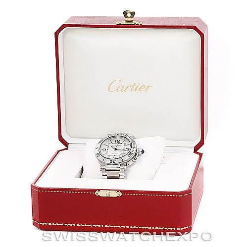 The image shows a Cartier Pasha W31080M7 Men
s Stainless Steel Silver Dial W31080M7 Men
s Stainless Steel Silver Dial watch inside its opened red presentation box, displaying the watch facing forward.