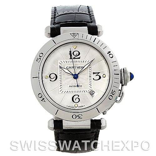 The image shows a front view of the Cartier Pasha Men's Stainless Steel Silver Dial Men's Stainless Steel Silver Dial watch, highlighting its face, bezel, and leather strap.