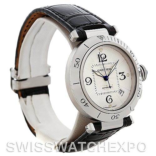 This image shows a Cartier Pasha Men's Stainless Steel Silver Dial Men's Stainless Steel Silver Dial watch at a three-quarter angle, highlighting its round dial, bezel, crown, and black leather strap.