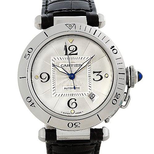 The image shows a frontal view of the Cartier Pasha Men's Stainless Steel Silver Dial Men's Stainless Steel Silver Dial watch, displaying its dial, bezel, crown, and leather strap.