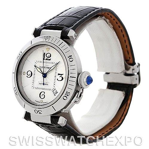 The Cartier Pasha Men's Stainless Steel Silver Dial Men's Stainless Steel Silver Dial watch is shown at a three-quarter angle, highlighting its face, bezel, crown, and leather strap.