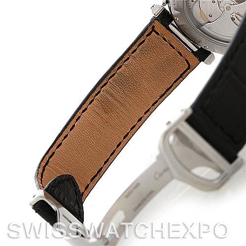 The image shows the leather strap and clasp of a Cartier Pasha Men's Stainless Steel Silver Dial Men's Stainless Steel Silver Dial watch at an angle highlighting the inside and part of the watch back.