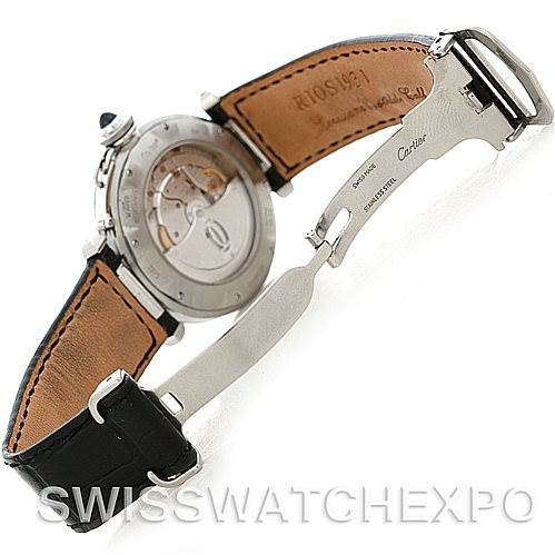 This image shows the back and interior movement of the Cartier Pasha Men's Stainless Steel Silver Dial Men's Stainless Steel Silver Dial watch, including its open leather strap and deployment clasp.