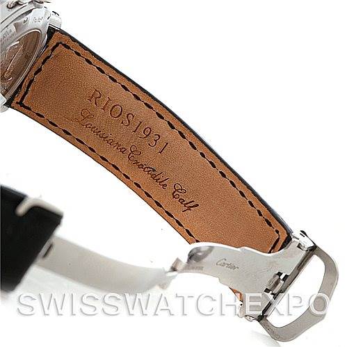 The image highlights the leather strap and clasp of a Cartier Pasha Men's Stainless Steel Silver Dial Men's Stainless Steel Silver Dial watch.