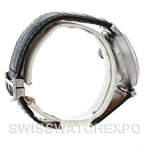 This image shows a side view of the Cartier Pasha Men's Stainless Steel Silver Dial Men's Stainless Steel Silver Dial watch, highlighting the black alligator leather strap, deployment clasp, and part of the case.