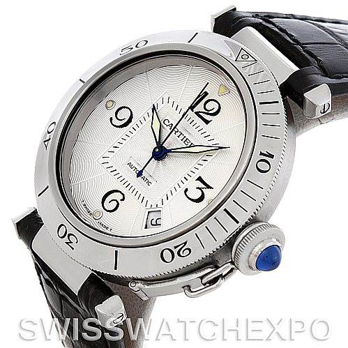 This image shows a Cartier Pasha Men's Stainless Steel Silver Dial Men's Stainless Steel Silver Dial watch at an angled view, displaying its bezel, dial, crown, and leather strap.