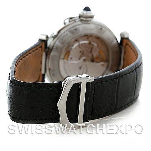 The image shows the back view of a Cartier Pasha Men's Stainless Steel Silver Dial Men's Stainless Steel Silver Dial watch, featuring its black leather strap and stainless steel buckle.