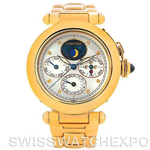 The image shows a Cartier Pasha MG222080 Men's Yellow Gold Silver Dial MG222080 Men's Yellow Gold Silver Dial watch with a gold case and bracelet, displaying a moon phase, sub-dials for day, date, and time.