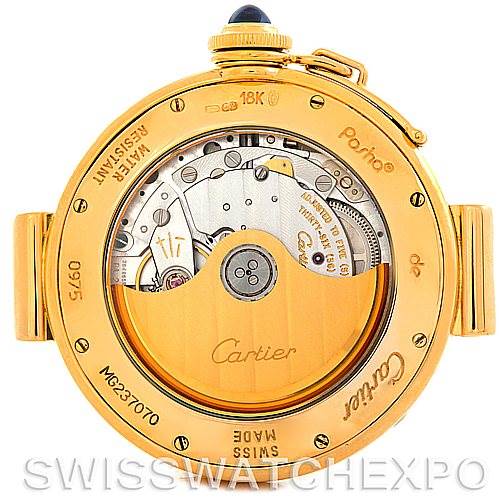 The image shows the back view of a Cartier Pasha MG222080 Men's Yellow Gold Silver Dial MG222080 Men's Yellow Gold Silver Dial watch, displaying its mechanical movement and various inscriptions.