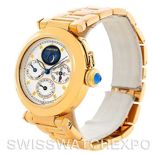 The image shows a side view of the Cartier Pasha MG222080 Men's Yellow Gold Silver Dial MG222080 Men's Yellow Gold Silver Dial watch, highlighting its gold case, crown, and bracelet with a partial view of the dial.