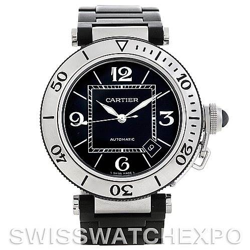 This image shows the front view of the Cartier Pasha W31077U2 Men
s Stainless Steel Black Dial W31077U2 Men
s Stainless Steel Black Dial model watch, highlighting the dial, bezel, and crown.