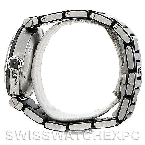 This image shows the side view of a Cartier Pasha W31077U2 Men
s Stainless Steel Black Dial W31077U2 Men
s Stainless Steel Black Dial watch, highlighting its case and metal bracelet.