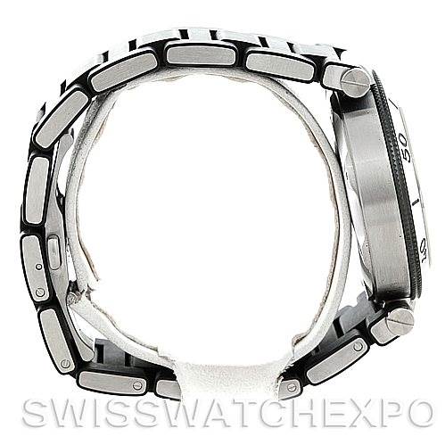 The image shows a side view of the Cartier Pasha W31077U2 Men
s Stainless Steel Black Dial W31077U2 Men
s Stainless Steel Black Dial model watch, highlighting the bezel, bracelet, and crown.