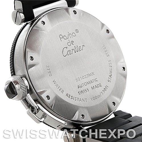 The image shows the back case and crown of the Pasha de Cartier watch.
