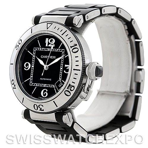 The image shows a Cartier Pasha W31077U2 Men
s Stainless Steel Black Dial W31077U2 Men
s Stainless Steel Black Dial watch at an angle revealing the bezel, face, and part of the bracelet.