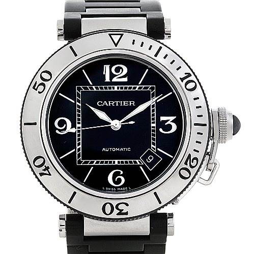 The image displays a frontal view of a Cartier Pasha W31077U2 Men
s Stainless Steel Black Dial W31077U2 Men
s Stainless Steel Black Dial model watch, showing its dial, bezel, and bracelet.