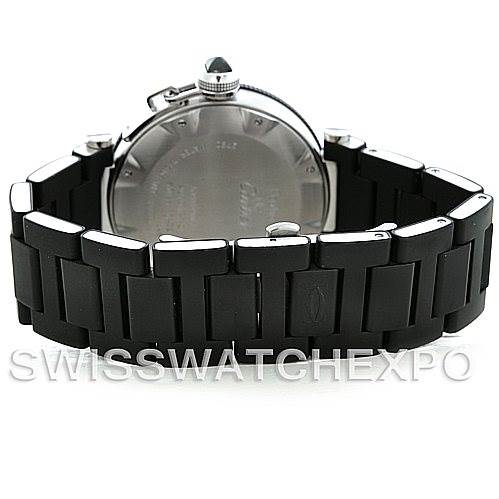 The image shows the back view of a Cartier Pasha W31077U2 Men
s Stainless Steel Black Dial W31077U2 Men
s Stainless Steel Black Dial watch, highlighting its stainless steel case and black rubber strap.