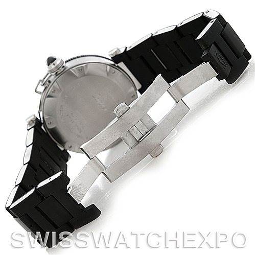 This image shows the back and bracelet of a Cartier Pasha W31077U2 Men
s Stainless Steel Black Dial W31077U2 Men
s Stainless Steel Black Dial model watch, highlighting the deployment clasp and case back.