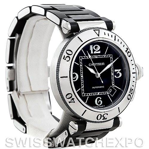 The image shows a side and partial front view of the Cartier Pasha W31077U2 Men
s Stainless Steel Black Dial W31077U2 Men
s Stainless Steel Black Dial watch with a black strap and stainless steel bezel.