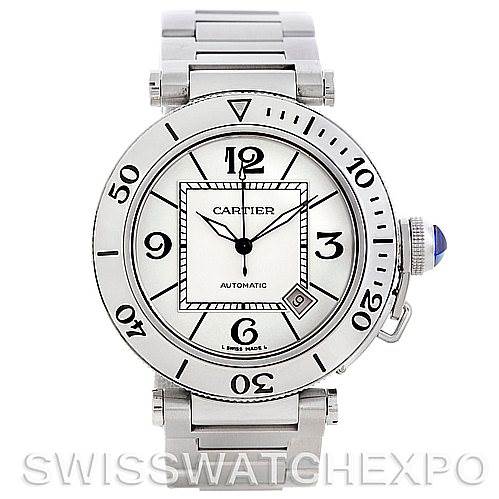 The image shows a Cartier Pasha W31080M7 Men
s Stainless Steel Silver Dial W31080M7 Men
s Stainless Steel Silver Dial watch from a front angle, highlighting the dial, bezel, crown, and bracelet.