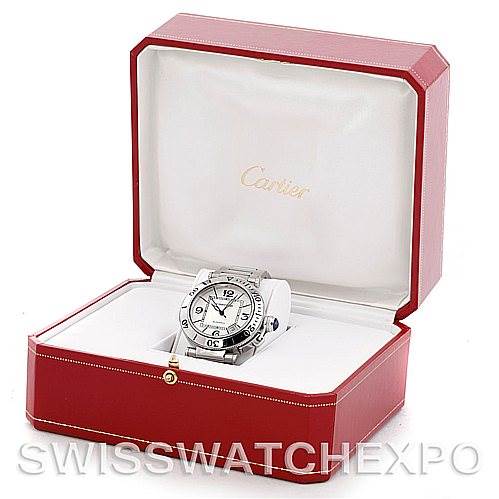 The image shows the Cartier Pasha W31080M7 Men
s Stainless Steel Silver Dial W31080M7 Men
s Stainless Steel Silver Dial watch, displayed at an angle inside its red and white presentation box with the lid open.