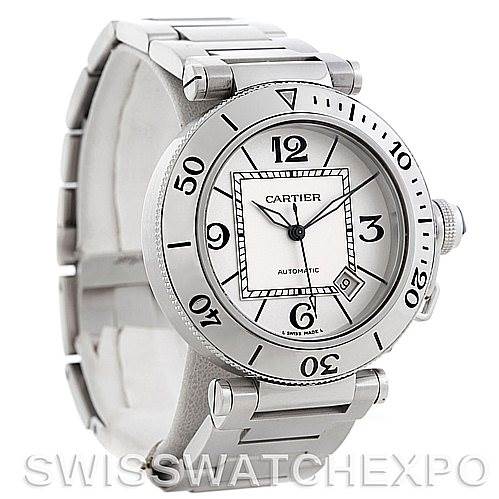 The image shows a frontal view of the Cartier Pasha W31080M7 Men
s Stainless Steel Silver Dial W31080M7 Men
s Stainless Steel Silver Dial watch, highlighting its bezel, dial, and strap.