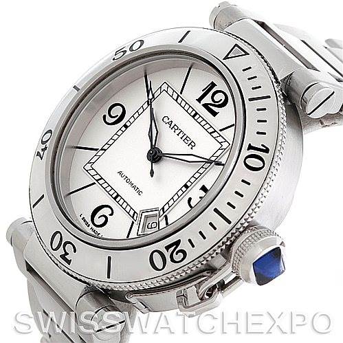 The image shows a side-angle view of the Cartier Pasha W31080M7 Men
s Stainless Steel Silver Dial W31080M7 Men
s Stainless Steel Silver Dial watch, highlighting its bezel, dial, crown, and bracelet.