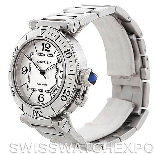 The image shows a Cartier Pasha W31080M7 Men
s Stainless Steel Silver Dial W31080M7 Men
s Stainless Steel Silver Dial watch from an angled side view, highlighting its face, bezel, and partially the bracelet.