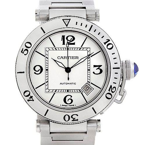 This image shows the front view of a Cartier Pasha W31080M7 Men
s Stainless Steel Silver Dial W31080M7 Men
s Stainless Steel Silver Dial model watch, highlighting its face, bezel, crown, and part of the metal bracelet.