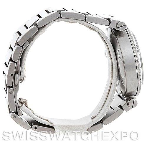 The Cartier Pasha W31080M7 Men
s Stainless Steel Silver Dial W31080M7 Men
s Stainless Steel Silver Dial watch is shown from the side angle, highlighting the metal bracelet and case details.