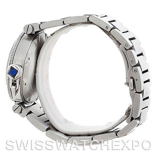 This image shows a side view of a Cartier Pasha W31080M7 Men
s Stainless Steel Silver Dial W31080M7 Men
s Stainless Steel Silver Dial model watch highlighting its bracelet, case, and crown.