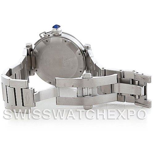 The image shows the back view of a Cartier Pasha W31080M7 Men
s Stainless Steel Silver Dial W31080M7 Men
s Stainless Steel Silver Dial watch and its metal bracelet, displaying the case back and clasp.