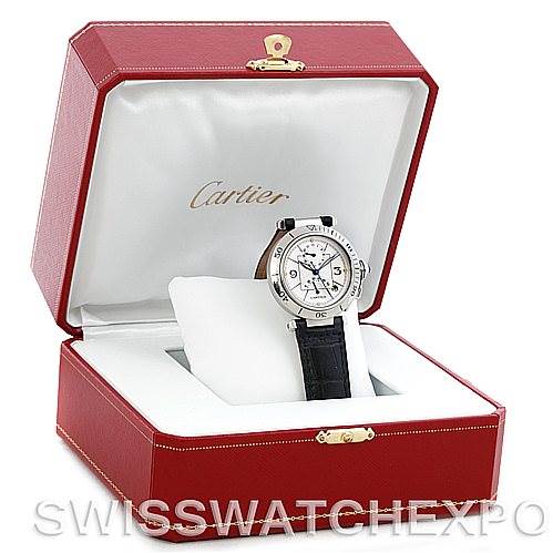 The image shows a Cartier Pasha W31037H3 Men's Stainless Steel Silver Dial W31037H3 Men's Stainless Steel Silver Dial watch positioned in its red presentation box, showcasing the watch face and black strap.