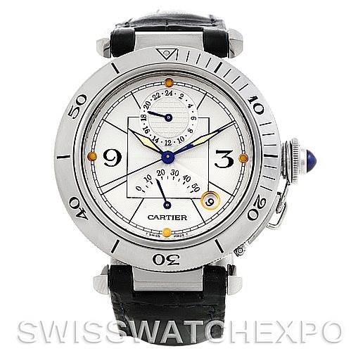 This image shows a front view of the Cartier Pasha W31037H3 Men's Stainless Steel Silver Dial W31037H3 Men's Stainless Steel Silver Dial watch, displaying the face, bezel, crown, and leather strap.