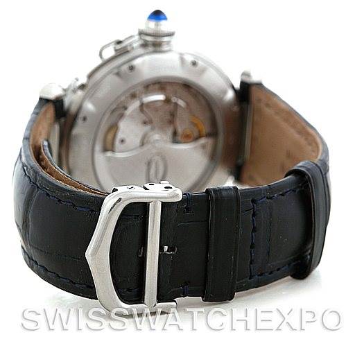 The image shows the back case and clasp of a Cartier Pasha W31037H3 Men's Stainless Steel Silver Dial W31037H3 Men's Stainless Steel Silver Dial watch, focusing on the leather strap and deployment buckle.