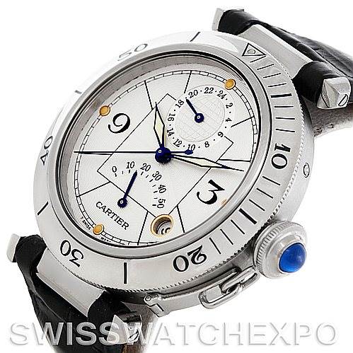 This image shows a Cartier Pasha W31037H3 Men's Stainless Steel Silver Dial W31037H3 Men's Stainless Steel Silver Dial watch at a slight angle, highlighting its face, bezel, crown, and strap.