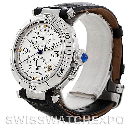 The image shows a Cartier Pasha W31037H3 Men's Stainless Steel Silver Dial W31037H3 Men's Stainless Steel Silver Dial watch displaying its face, bezel, crown, and part of the black leather strap from an angled view.