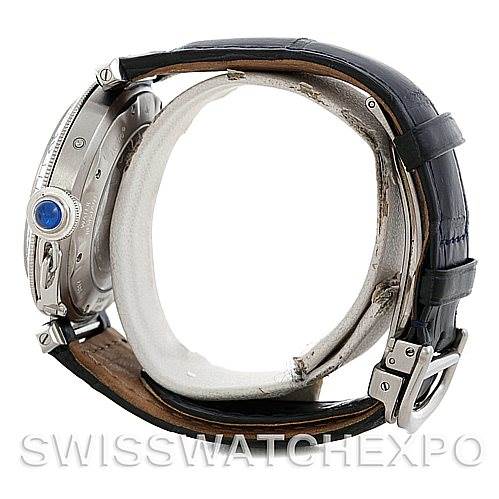 This image shows a side view of the Cartier Pasha W31037H3 Men's Stainless Steel Silver Dial W31037H3 Men's Stainless Steel Silver Dial watch, highlighting its crown, case, bezel, and leather strap.