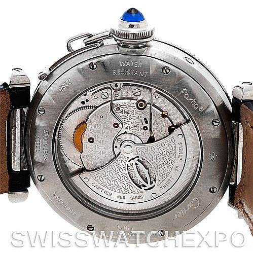 The image shows the back view of a Cartier Pasha W31037H3 Men's Stainless Steel Silver Dial W31037H3 Men's Stainless Steel Silver Dial watch, displaying its internal mechanical movement and casing details.