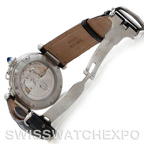 The image shows the back and inner mechanism of the Cartier Pasha W31037H3 Men's Stainless Steel Silver Dial W31037H3 Men's Stainless Steel Silver Dial watch, along with its open deployment clasp and leather strap.