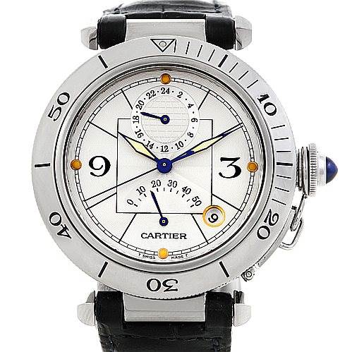 The image shows the front view of a Cartier Pasha W31037H3 Men's Stainless Steel Silver Dial W31037H3 Men's Stainless Steel Silver Dial watch, highlighting its face, bezel, and strap.