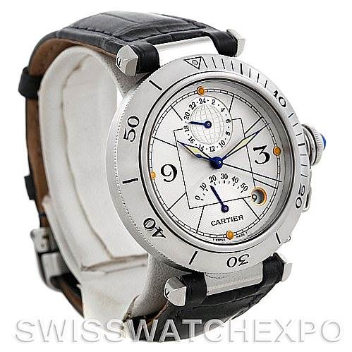 This image shows a Cartier Pasha W31037H3 Men's Stainless Steel Silver Dial W31037H3 Men's Stainless Steel Silver Dial watch at a three-quarter angle, highlighting the face, bezel, and leather strap.