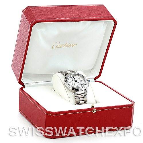 The image shows a Cartier Pasha W31037H3 Men
s Stainless Steel Silver Dial W31037H3 Men
s Stainless Steel Silver Dial model watch in an open red Cartier box, with the watch positioned front-facing and center.
